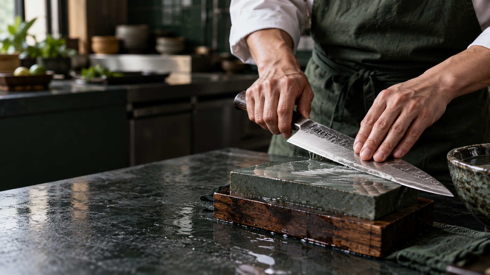 Manos afilando un cuchillo de cocina japonés sobre una piedra al agua